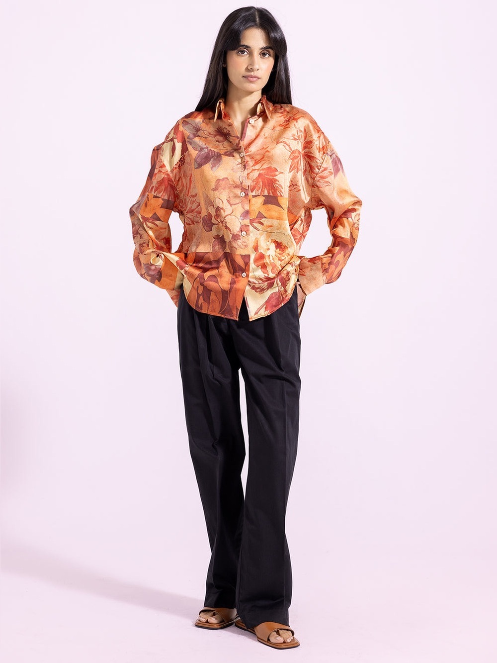 ETHNC Orange Floral Button Down Shirt XS Oversized Long Sleeve Satin Blouse